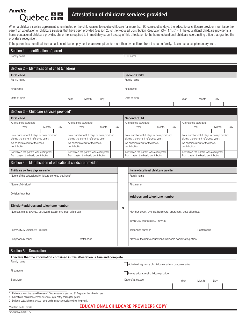 Form FO-0602A Attestation of Childcare Services Provided - Quebec, Canada, Page 2