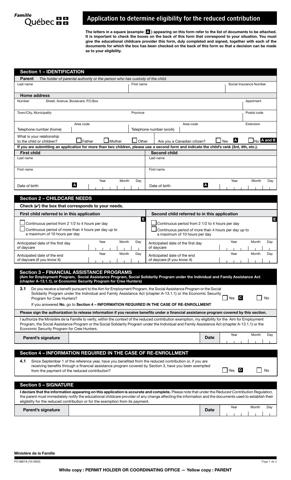 Form FO-0601A Application to Determine Eligibility for the Reduced Contribution - Quebec, Canada, Page 1