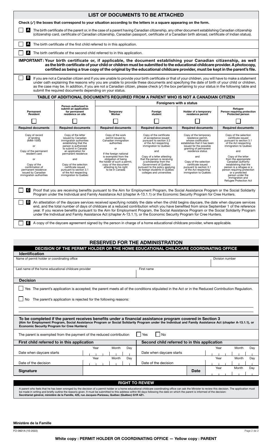 Form FO-0601A Application to Determine Eligibility for the Reduced Contribution - Quebec, Canada, Page 2