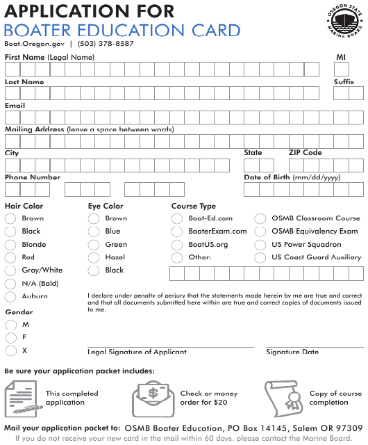 Oregon Application for Boater Education Card Download Fillable PDF Templateroller