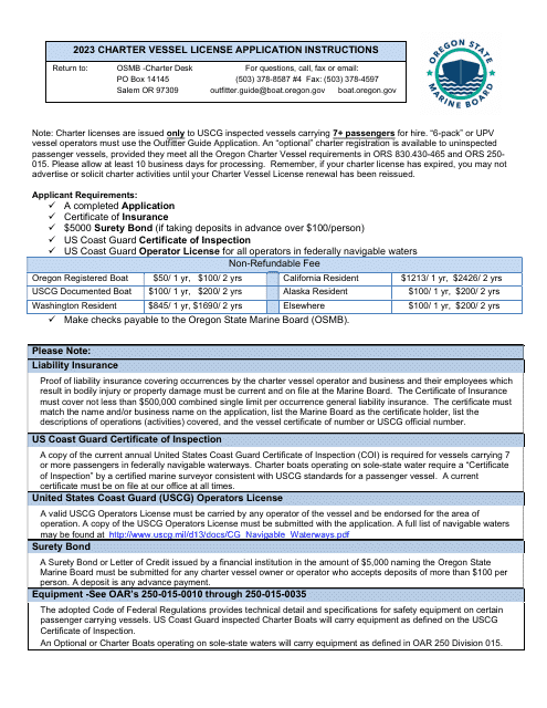 Charter Vessel License Application - Oregon, 2023