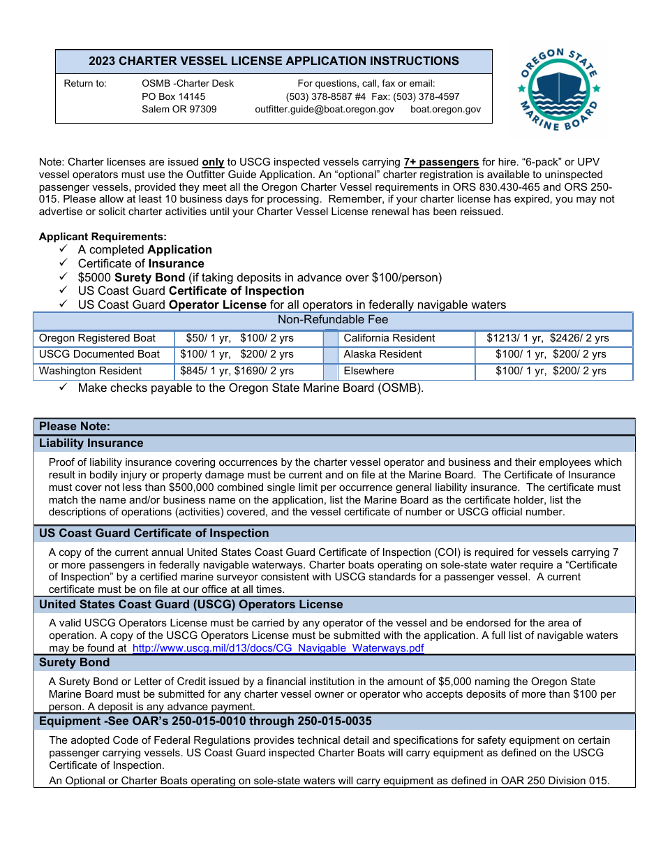 Charter Vessel License Application - Oregon, Page 1