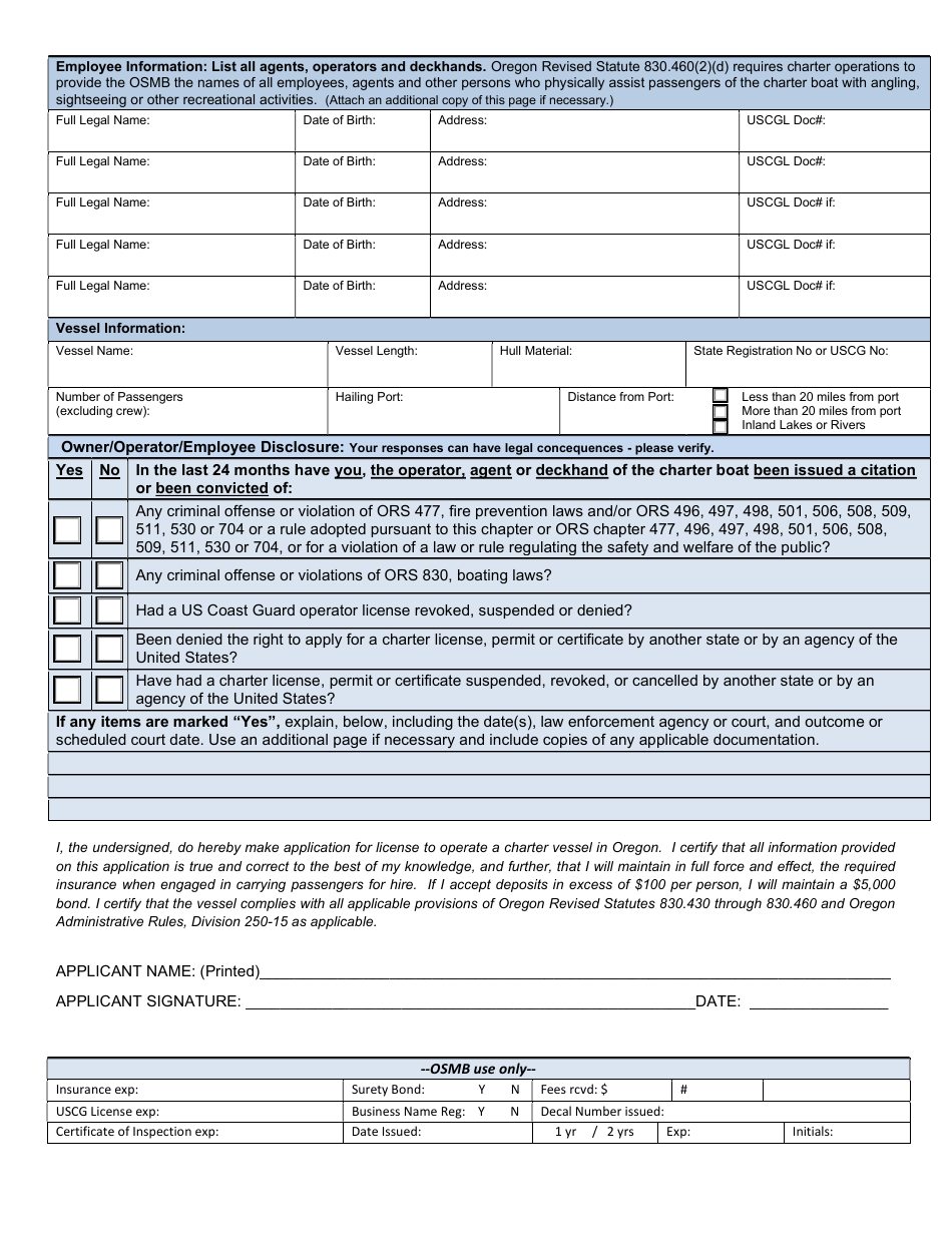 Charter Vessel License Application - Oregon, Page 3