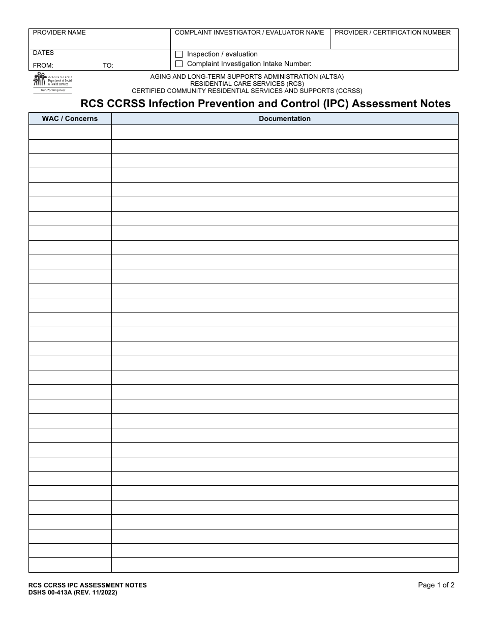 DSHS Form 00-413A Rcs Ccrss Infection Prevention and Control (Ipc) Assessment Notes - Washington, Page 1
