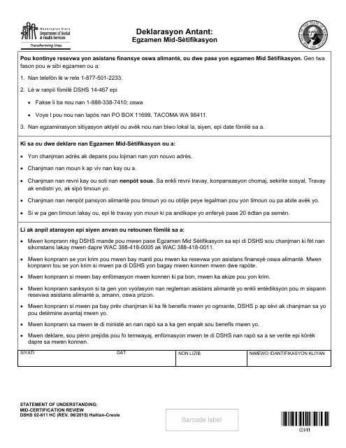 DSHS Form 02-611 Statement of Understanding: Mid-certification Review - Washington (Haitian Creole)
