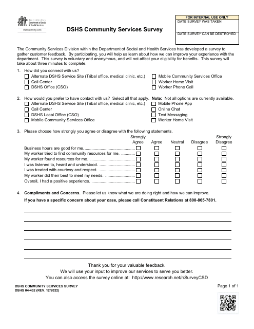 DSHS Form 04-452 Dshs Community Services Survey - Washington