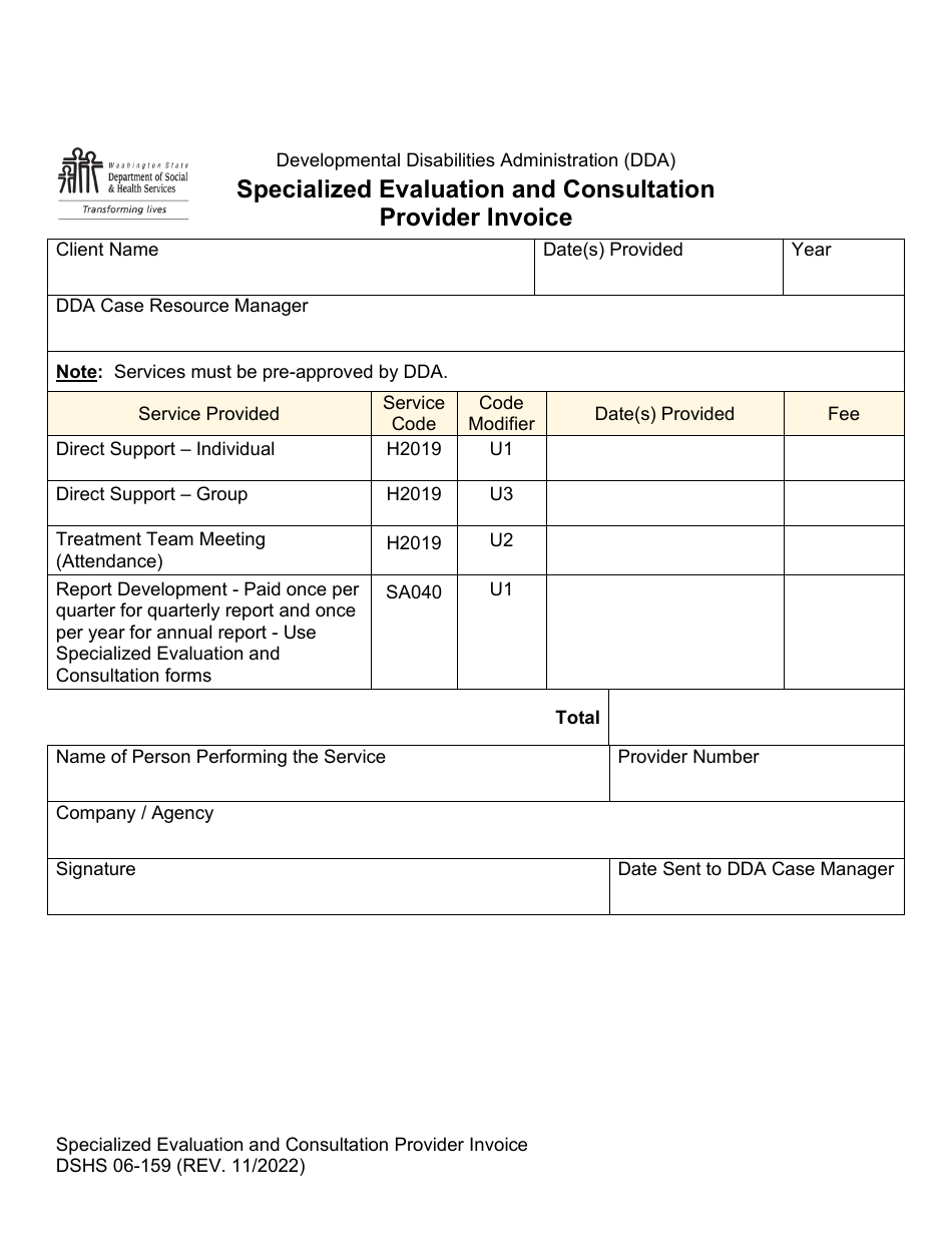 DSHS Form 06-159 Specialized Evaluation and Consultation Provider Invoice - Washington, Page 1