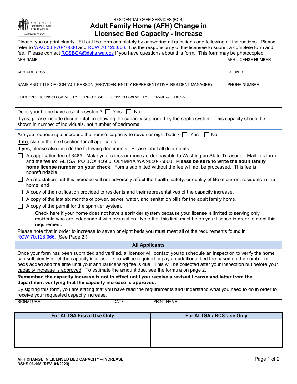DSHS Form 06-168 Adult Family Home (Afh) Change in Licensed Bed Capacity - Increase - Washington, Page 1