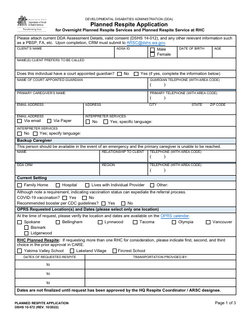 DSHS Form 10-572 Planned Respite Application for Overnight Planned Respite Services and Planned Respite Service at Rhc - Washington