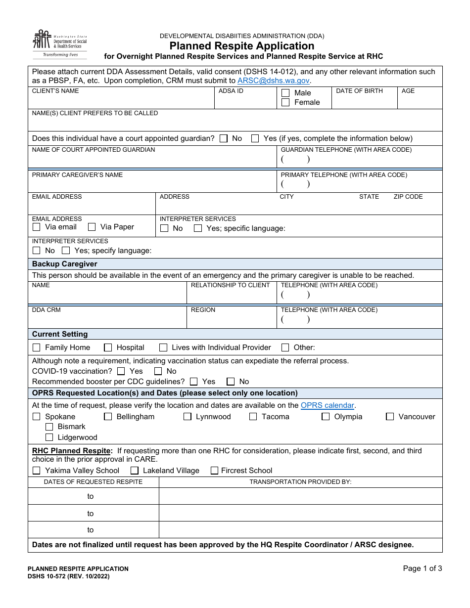DSHS Form 10-572 Planned Respite Application for Overnight Planned Respite Services and Planned Respite Service at Rhc - Washington, Page 1
