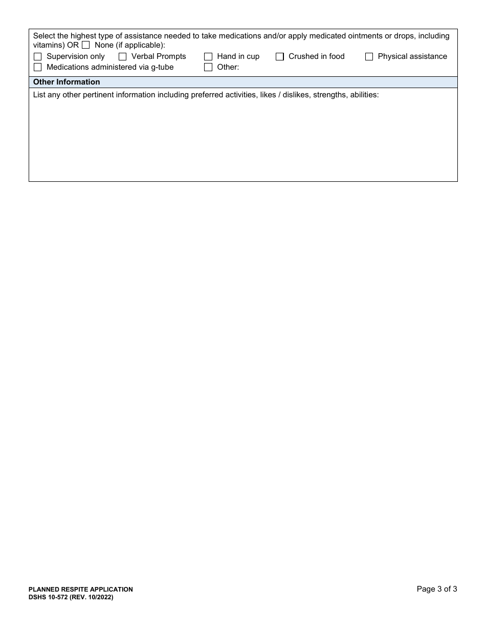 DSHS Form 10-572 Planned Respite Application for Overnight Planned Respite Services and Planned Respite Service at Rhc - Washington, Page 3