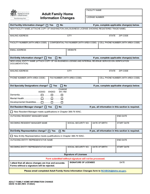 DSHS Form 10-585 Adult Family Home Information Changes - Washington