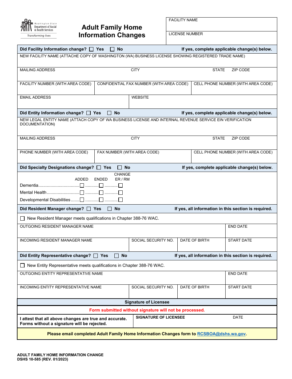 DSHS Form 10-585 Adult Family Home Information Changes - Washington, Page 1