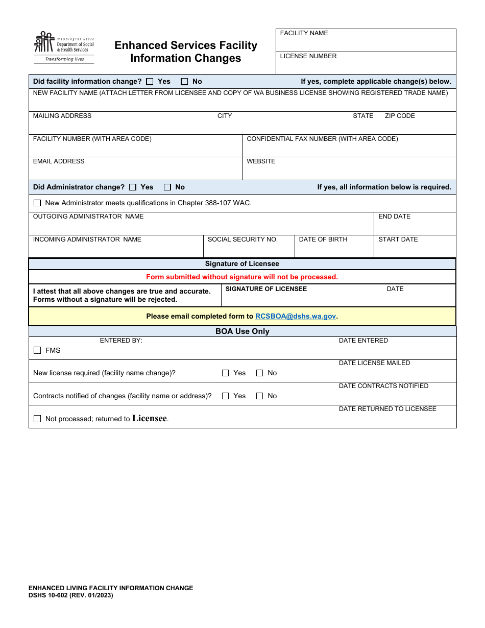 DSHS Form 10-602 Enhanced Services Facility Information Changes - Washington, Page 1