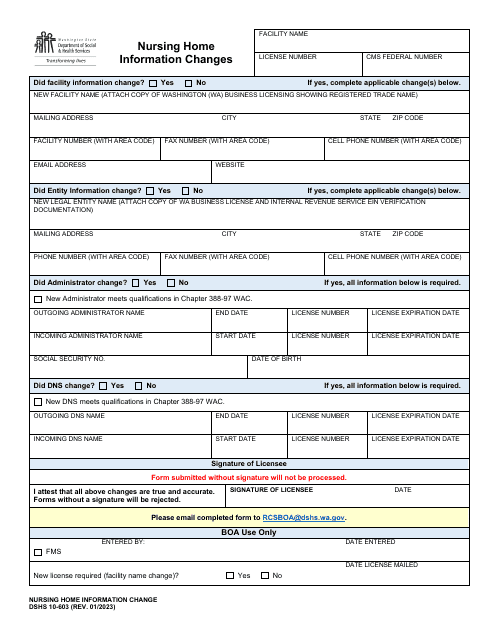 DSHS Form 10-603 Nursing Home Information Change - Washington