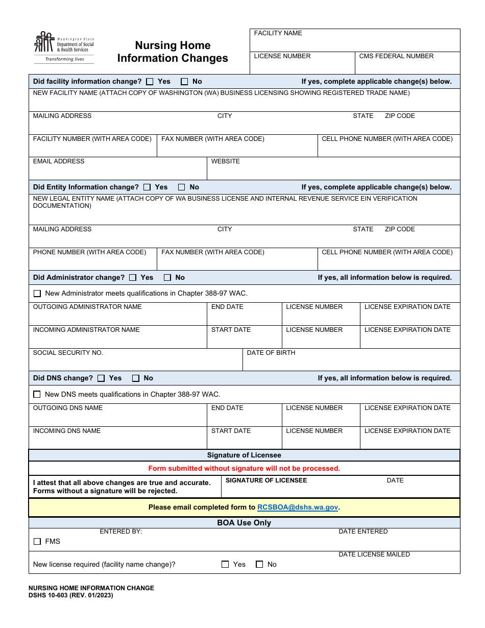 DSHS Form 10-603 Nursing Home Information Change - Washington, Page 1