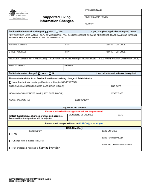 DSHS Form 10-604 Supported Living Information Change - Washington