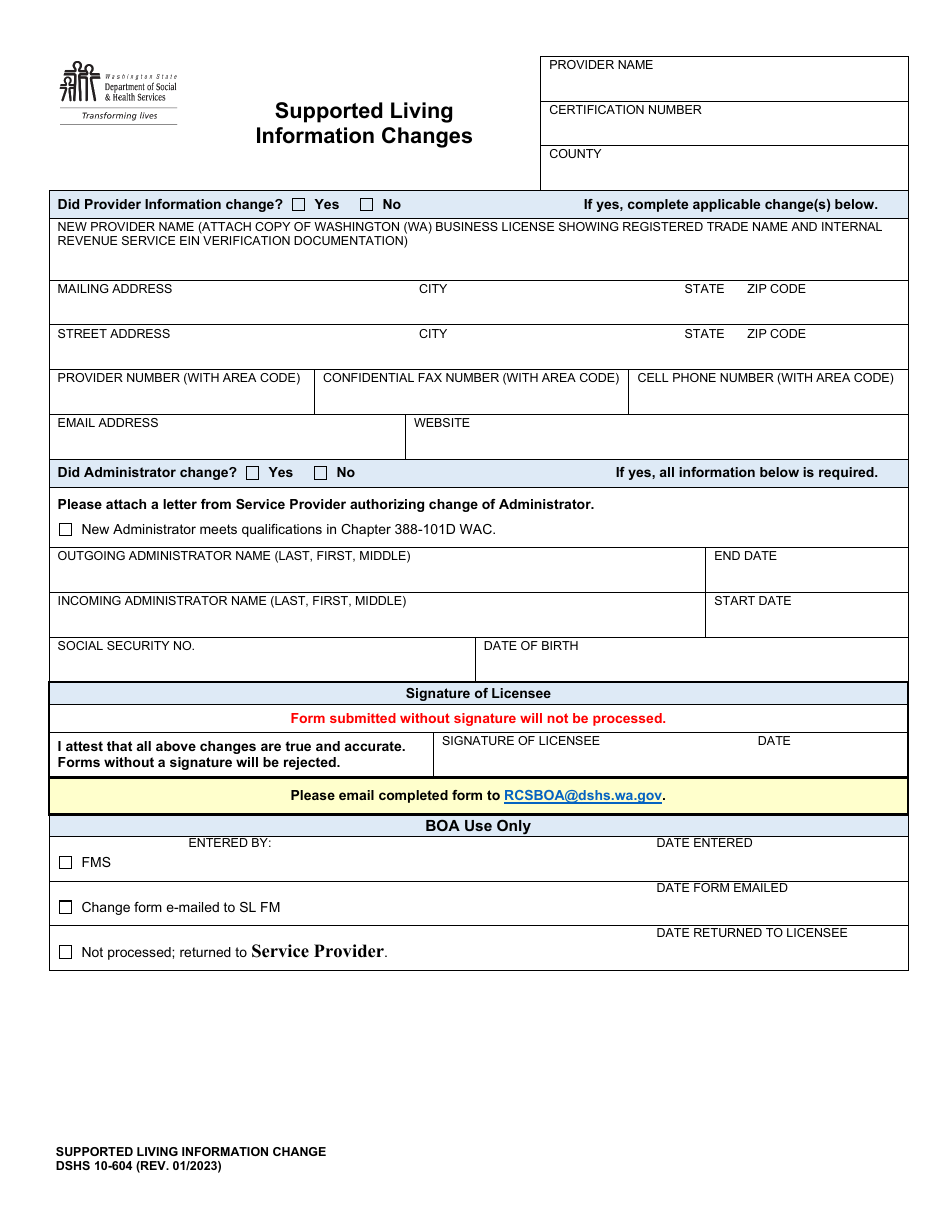 DSHS Form 10604 Download Printable PDF or Fill Online Supported Living