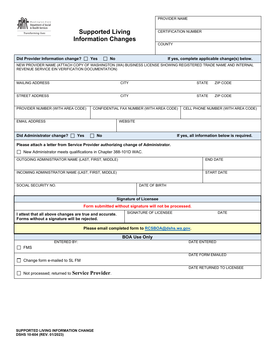 DSHS Form 10-604 Supported Living Information Change - Washington, Page 1