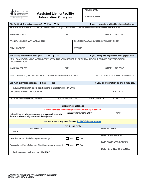 DSHS Form 10-601 Assisted Living Facility Information Change - Washington
