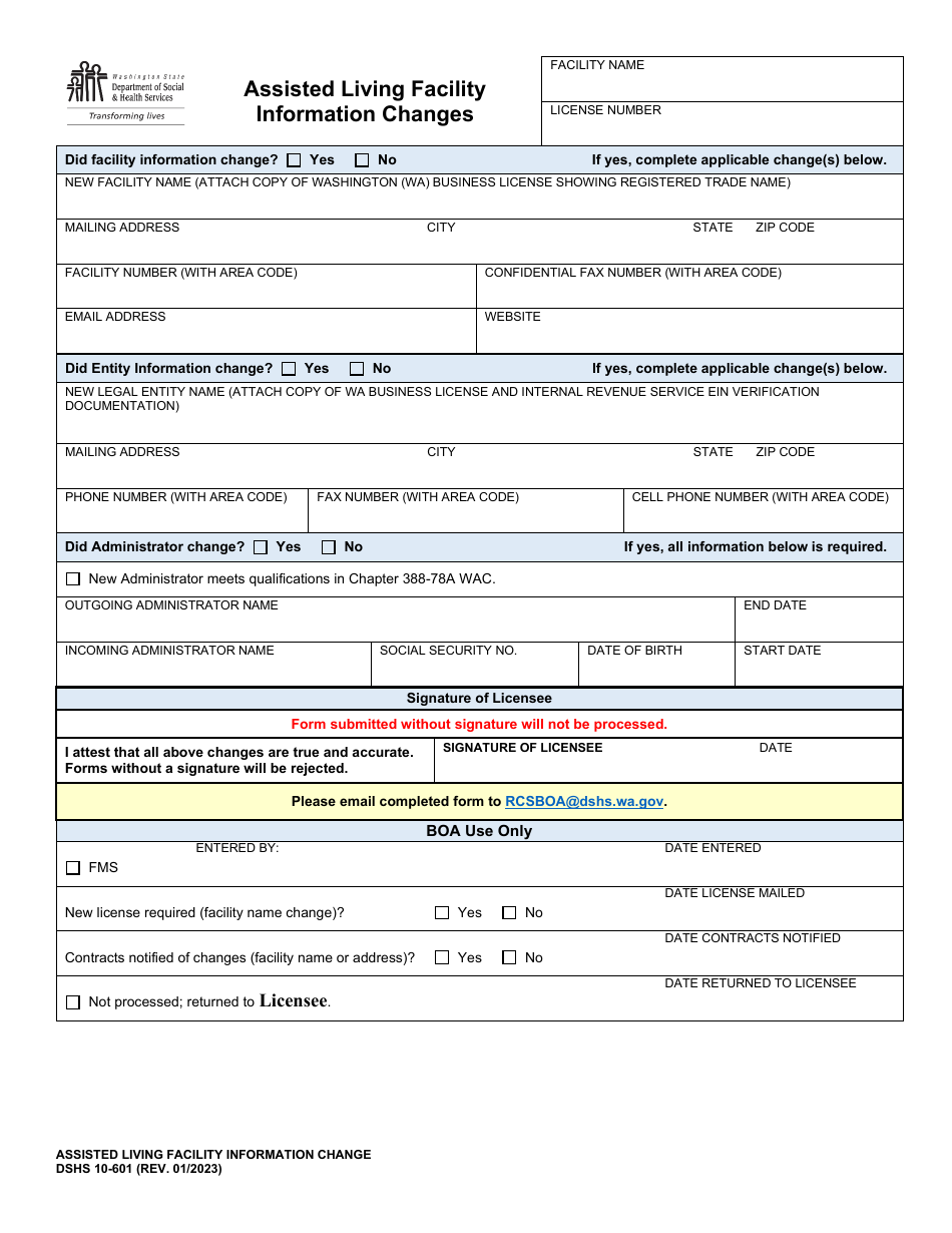 DSHS Form 10-601 Assisted Living Facility Information Change - Washington, Page 1