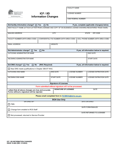 DSHS Form 10-605 Icf/Iid Information Changes - Washington