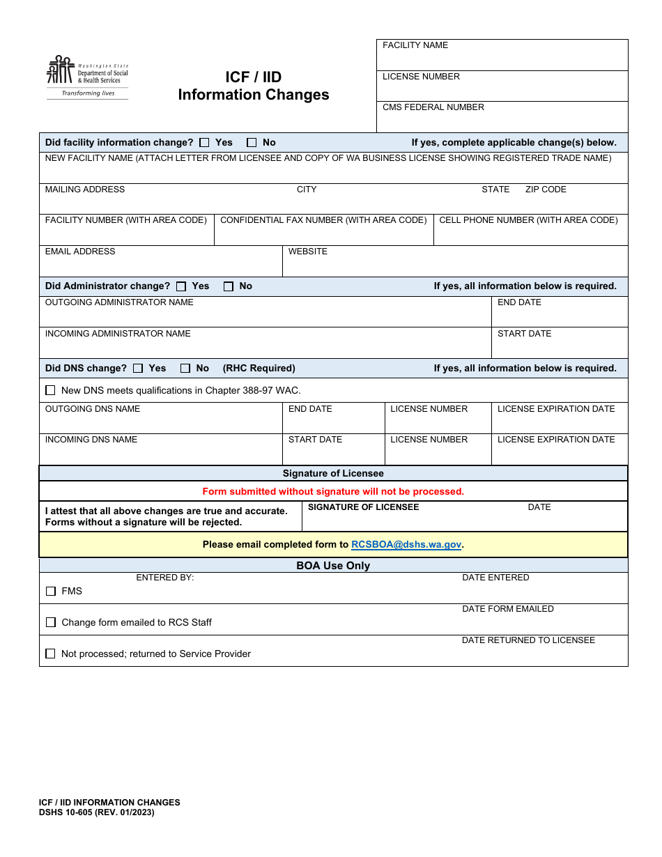 DSHS Form 10-605 Icf / Iid Information Changes - Washington, Page 1