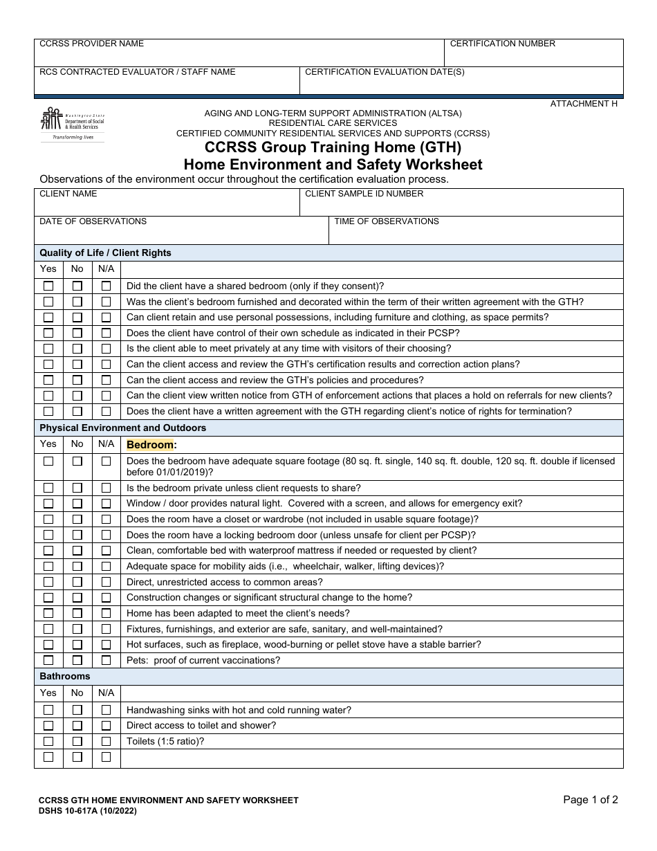 DSHS Form 10-617A Attachment H Ccrss Group Training Home (Gth) Home Environment and Safety Worksheet - Washington, Page 1