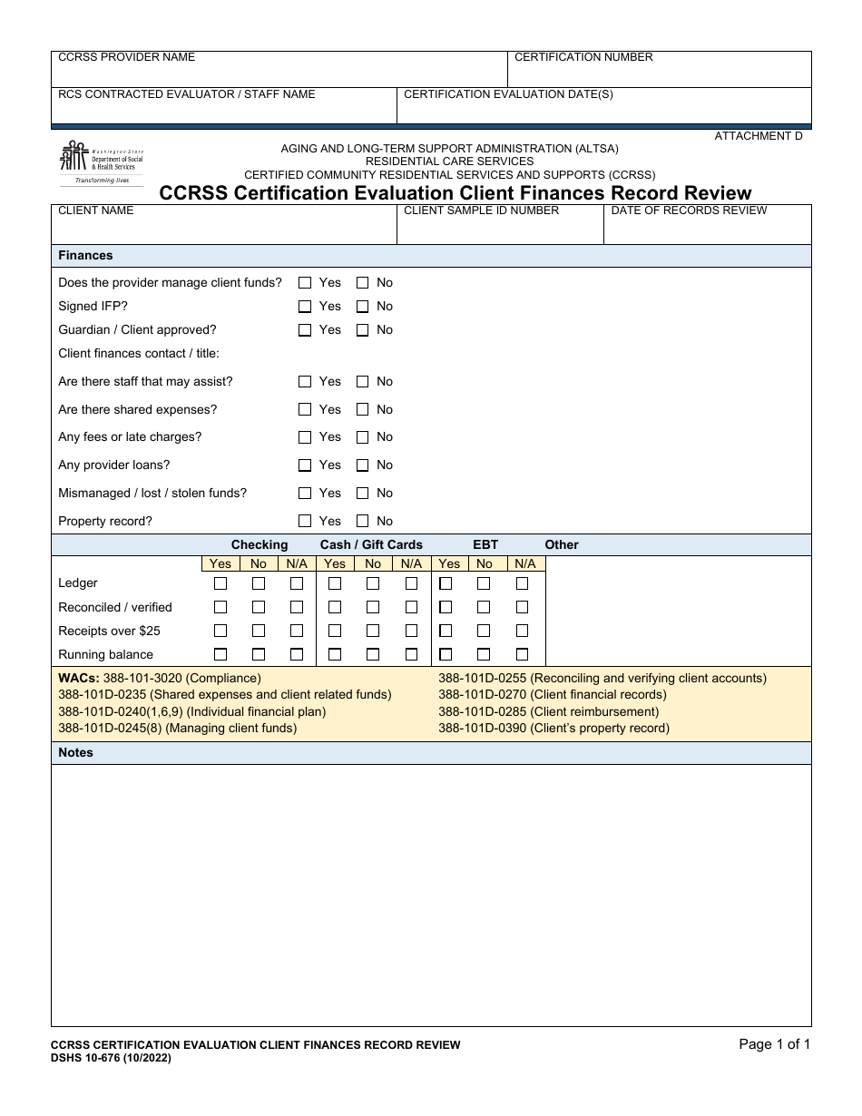 DSHS Form 10-676 Attachment D Ccrss Certification Evaluation Client Finances Record Review - Washington, Page 1
