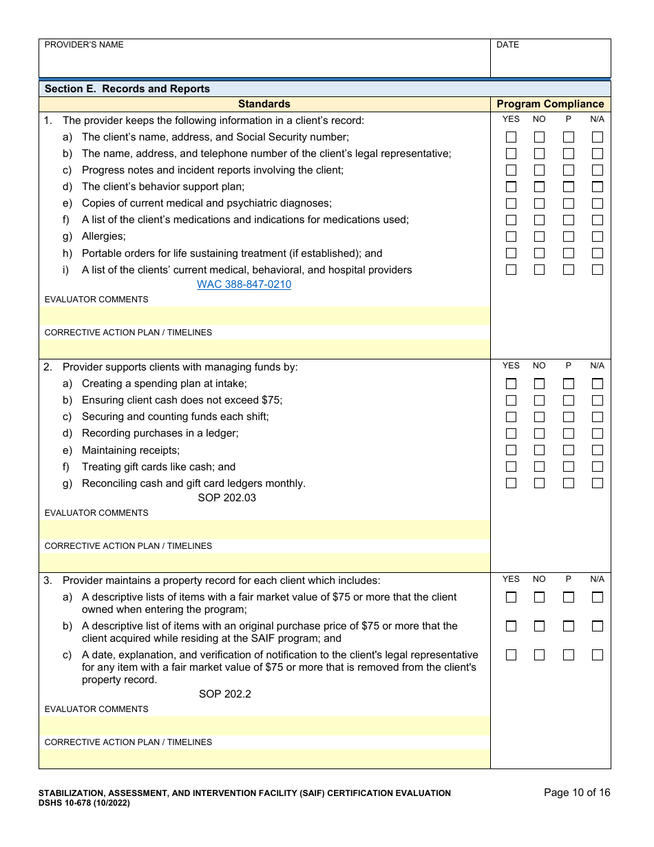 DSHS Form 10-678 Stabilization, Assessment, and Intervention Facility (Saif) Certification Evaluation - Washington, Page 10