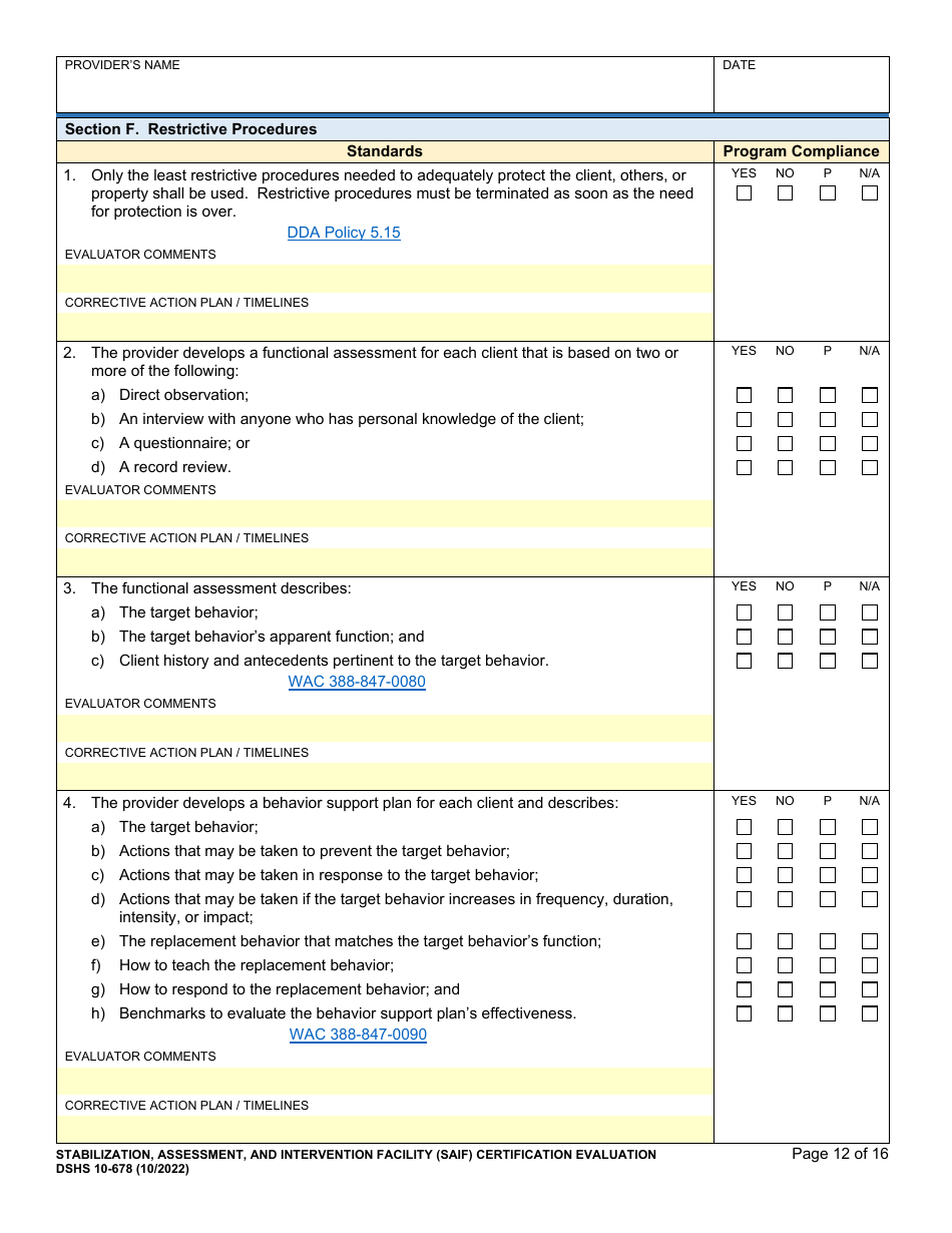 DSHS Form 10-678 Stabilization, Assessment, and Intervention Facility (Saif) Certification Evaluation - Washington, Page 12
