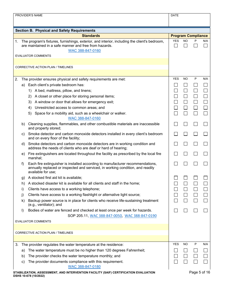 DSHS Form 10-678 Stabilization, Assessment, and Intervention Facility (Saif) Certification Evaluation - Washington, Page 5