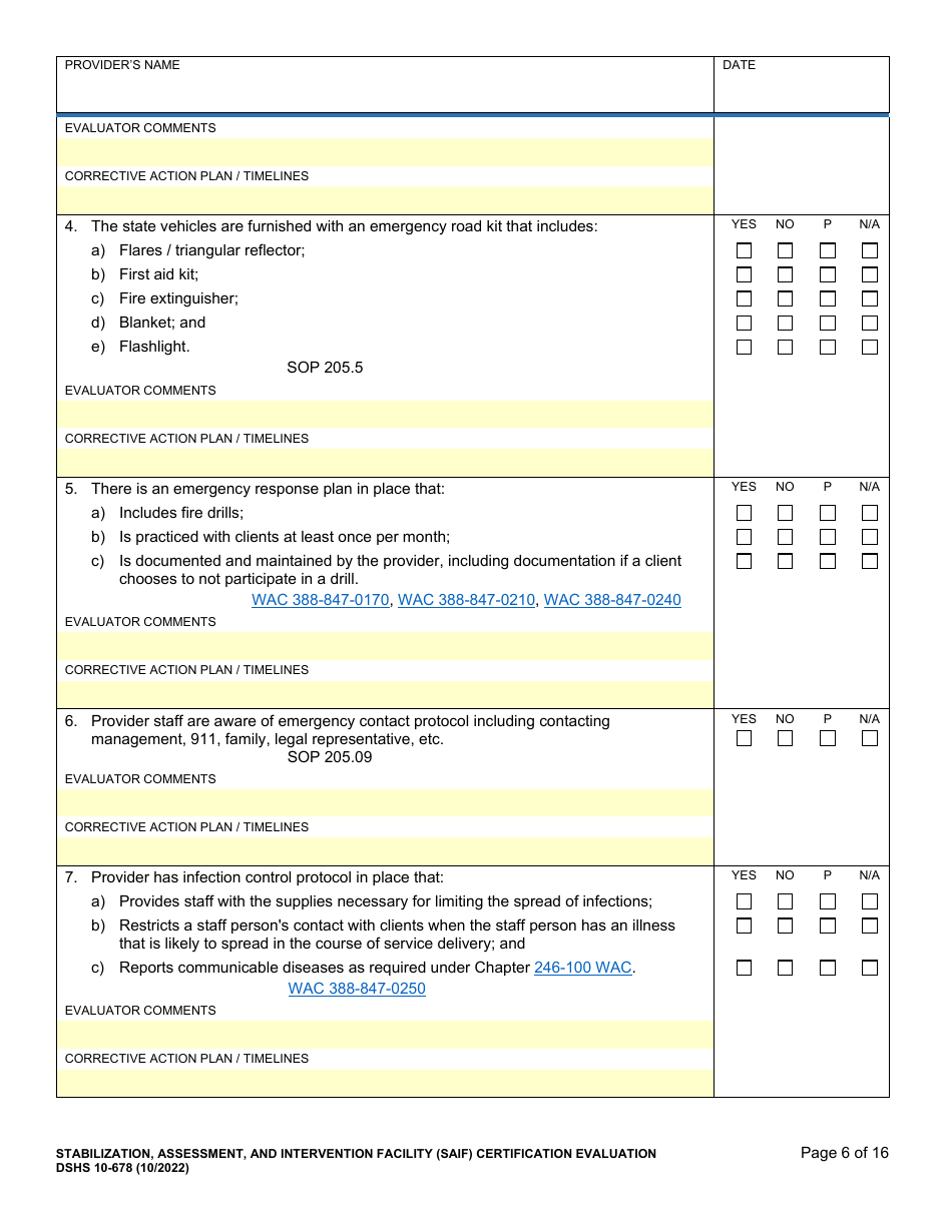 DSHS Form 10-678 Stabilization, Assessment, and Intervention Facility (Saif) Certification Evaluation - Washington, Page 6