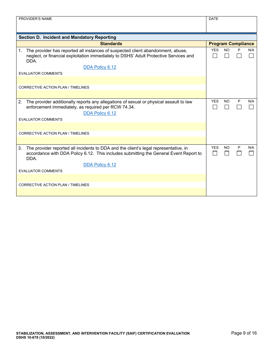 DSHS Form 10-678 Stabilization, Assessment, and Intervention Facility (Saif) Certification Evaluation - Washington, Page 9