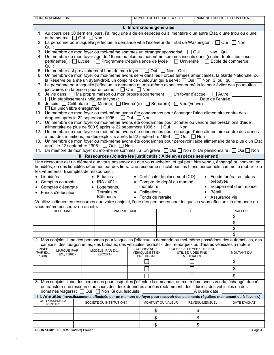 DSHS Form 14-001 Application for Cash or Food Assistance - Washington (French), Page 4