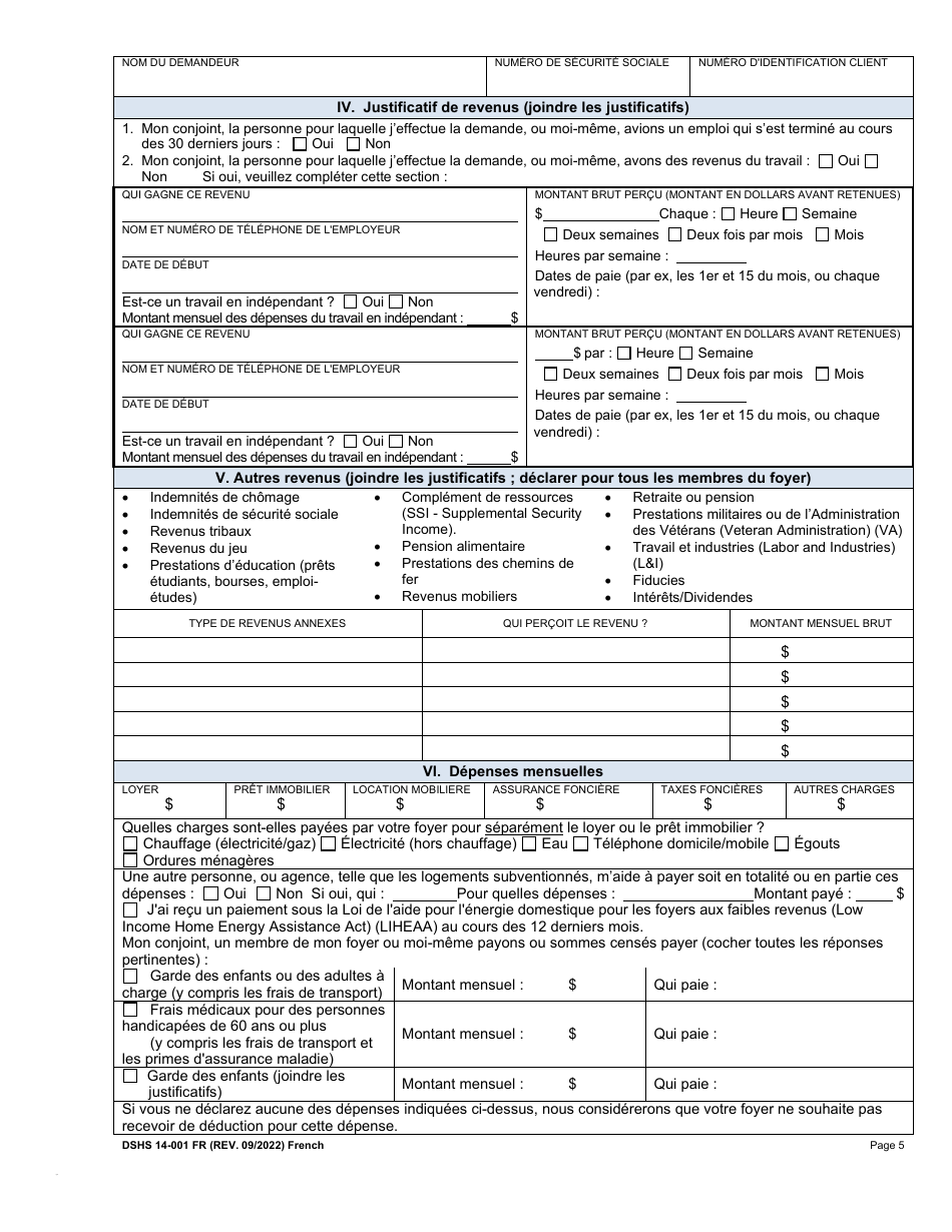 DSHS Form 14-001 Application for Cash or Food Assistance - Washington (French), Page 5