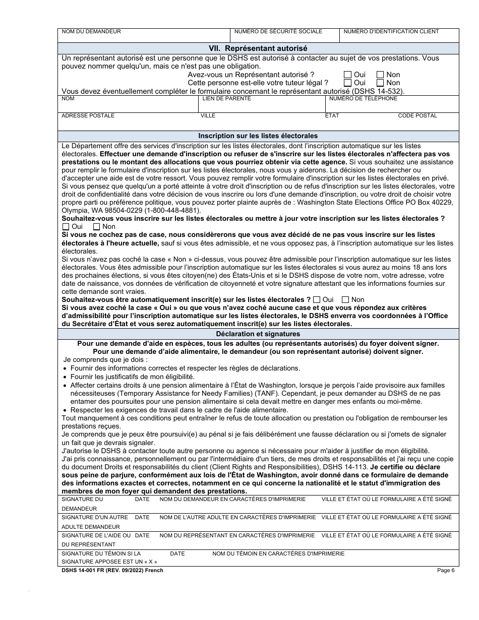 DSHS Form 14-001 Application for Cash or Food Assistance - Washington (French), Page 6