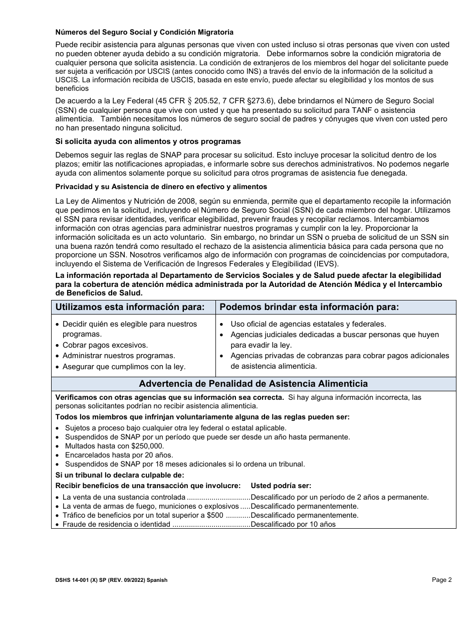 DSHS Formulario 14-001 Solicitud De Asistencia Alimenticia O De Dinero En Efectivo - Washington (Spanish), Page 2