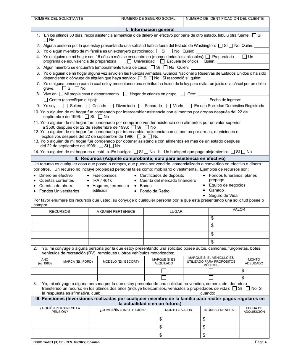 DSHS Formulario 14-001 Solicitud De Asistencia Alimenticia O De Dinero En Efectivo - Washington (Spanish), Page 4