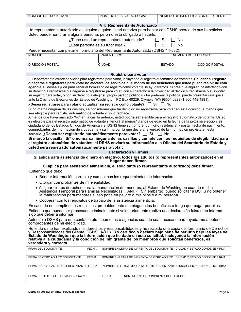 DSHS Formulario 14-001 Solicitud De Asistencia Alimenticia O De Dinero En Efectivo - Washington (Spanish), Page 6