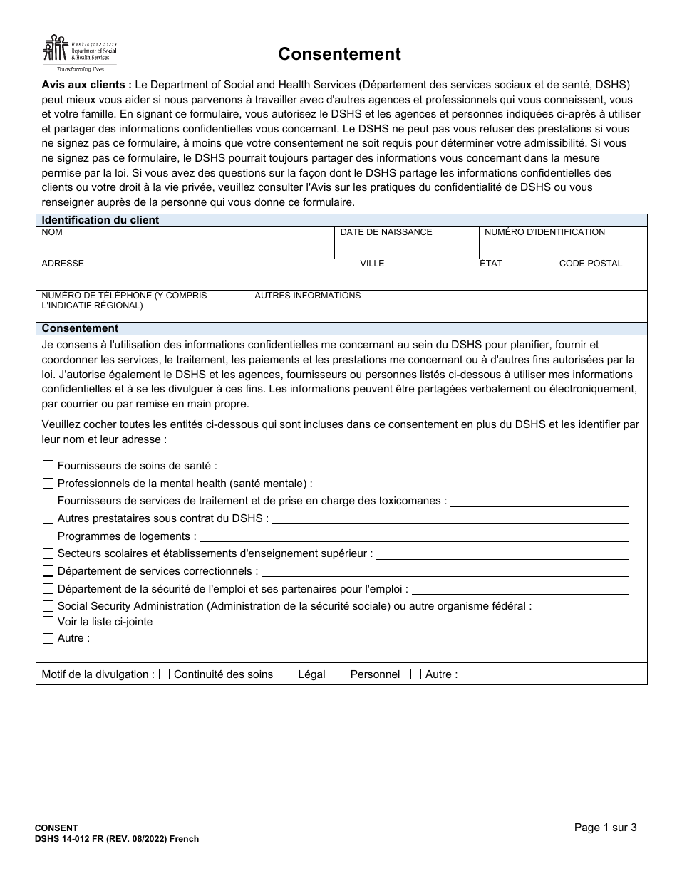 DSHS Form 14-012 Consent - Washington (French), Page 1