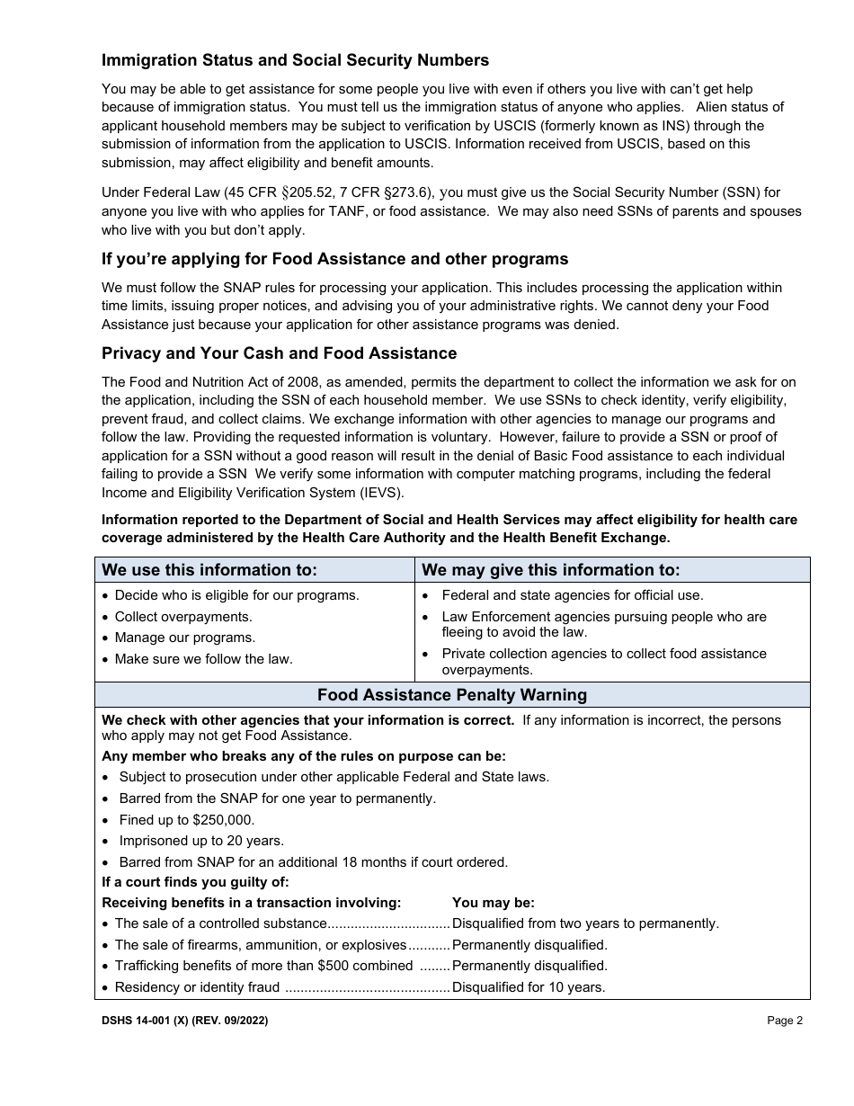 DSHS Form 14-001 Application for Cash or Food Assistance - Washington, Page 2