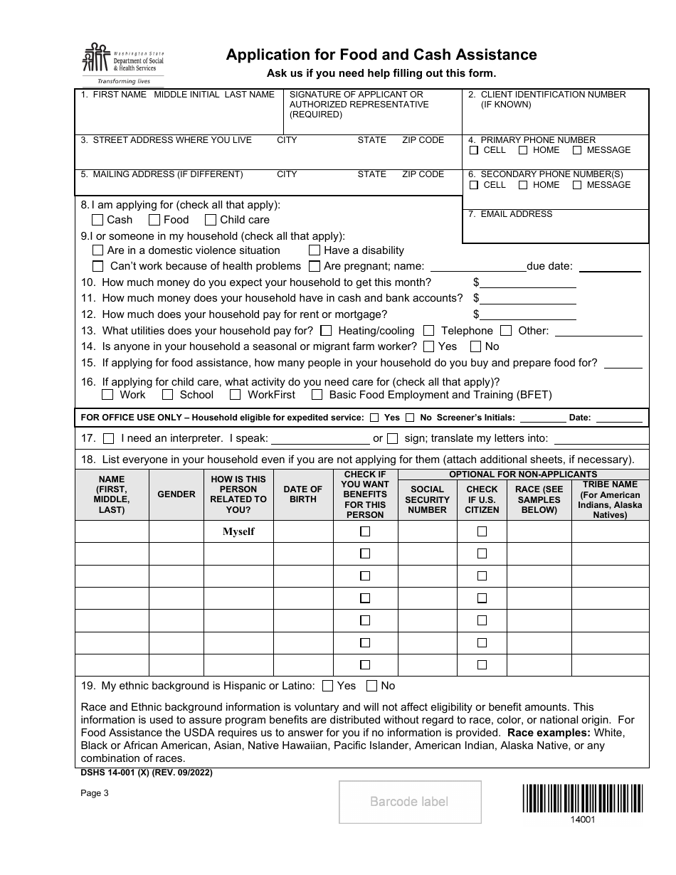 DSHS Form 14-001 Application for Cash or Food Assistance - Washington, Page 3