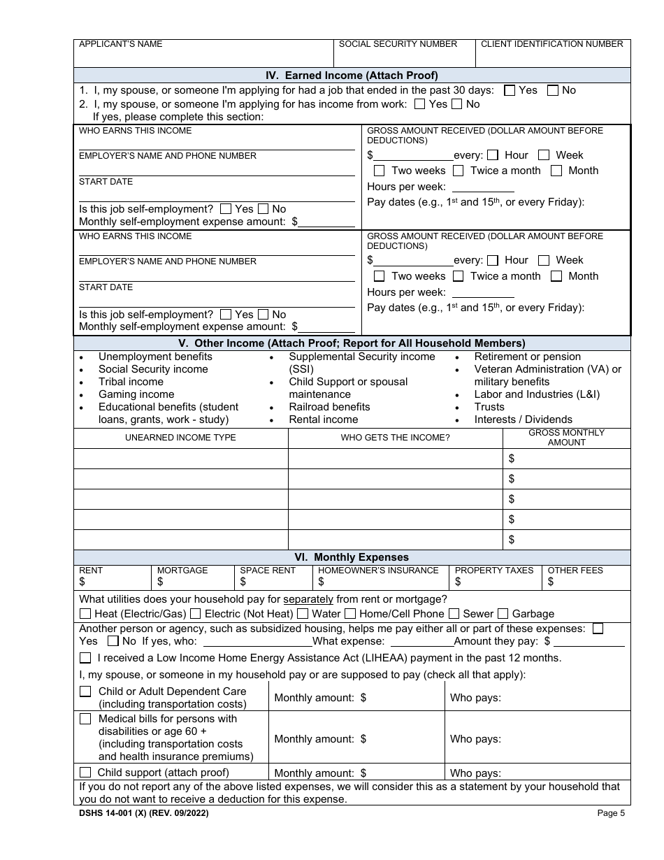 DSHS Form 14-001 Application for Cash or Food Assistance - Washington, Page 5