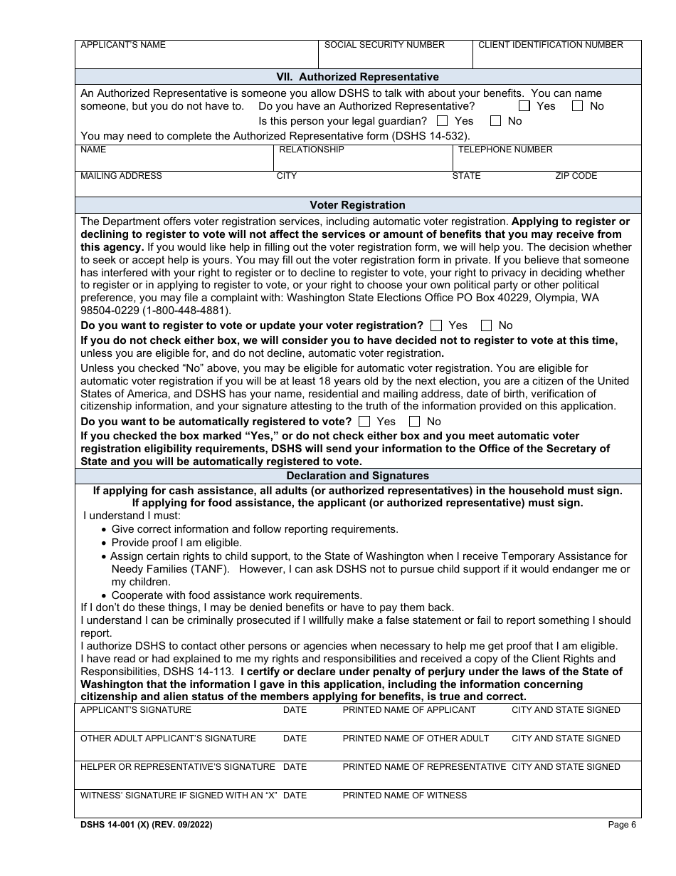 DSHS Form 14-001 Application for Cash or Food Assistance - Washington, Page 6