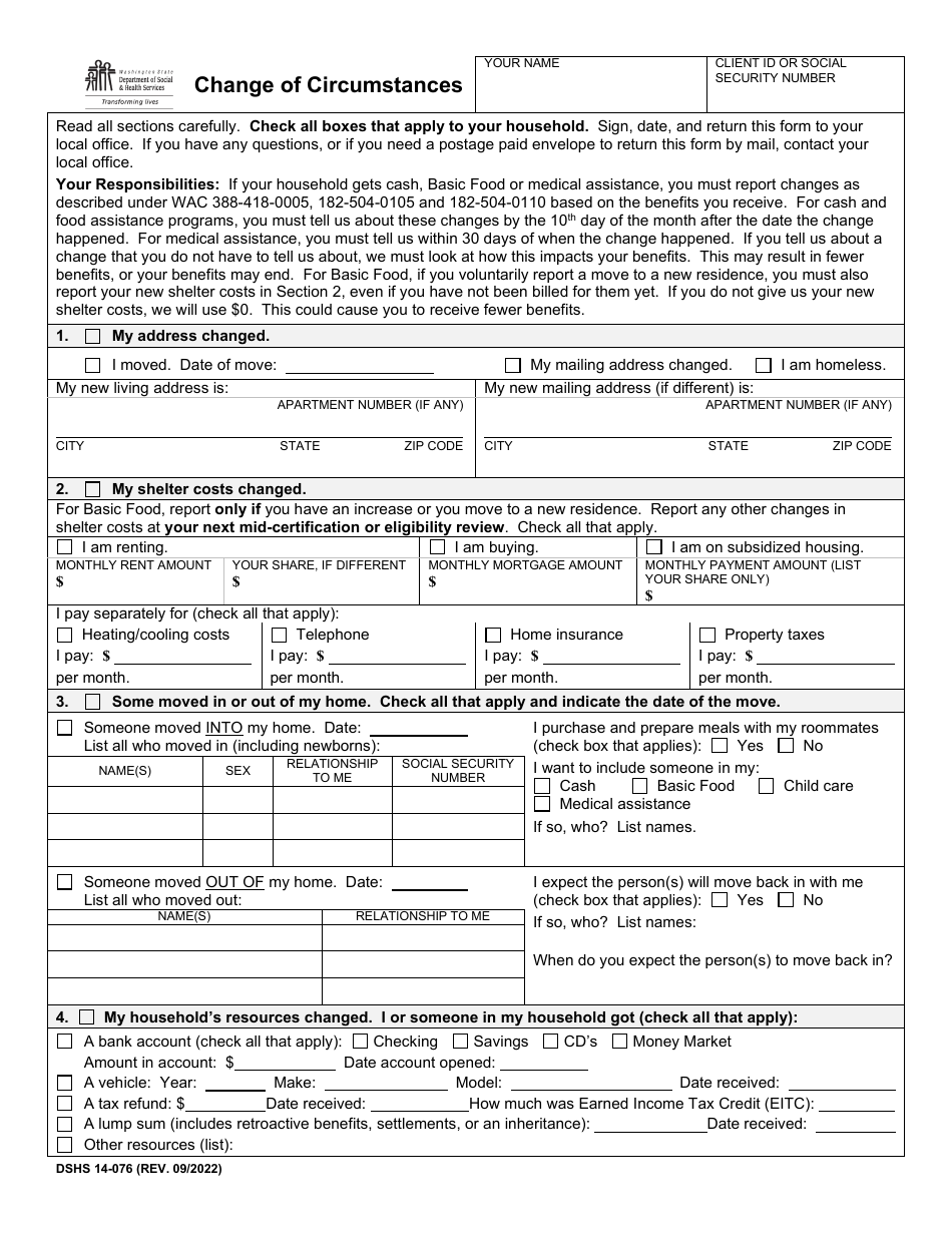 DSHS Form 14-076 Change of Circumstances - Washington, Page 1