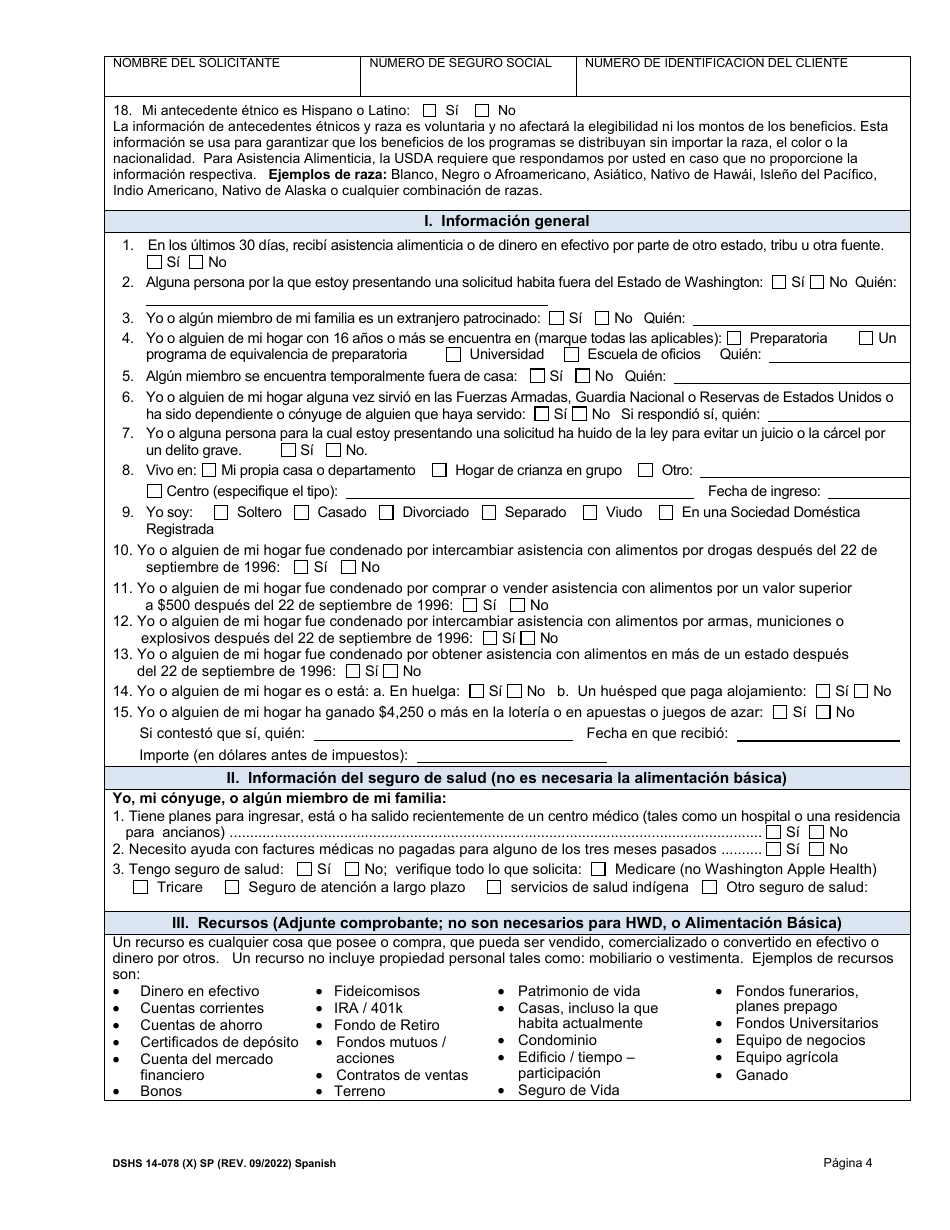 DSHS Formulario 14-078 Revision De Elegibilidad - Washington (Spanish), Page 4