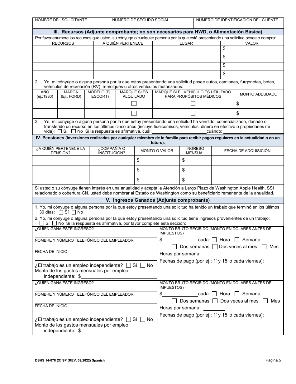 DSHS Formulario 14-078 Revision De Elegibilidad - Washington (Spanish), Page 5