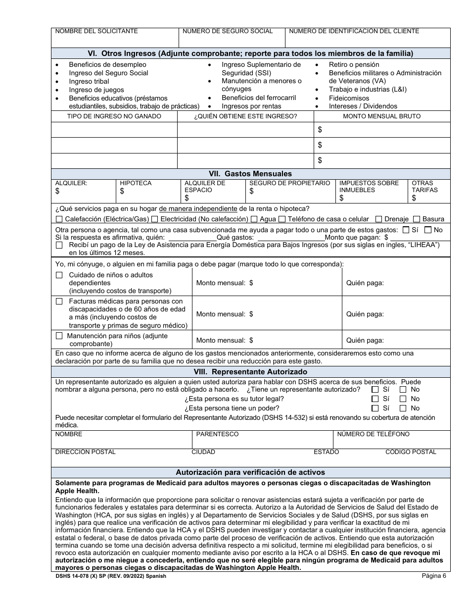DSHS Formulario 14-078 Revision De Elegibilidad - Washington (Spanish), Page 6