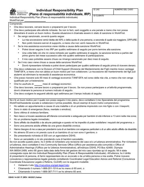 DSHS Form 14-381 Workfirst Individual Responsibility Plan - Washington (Italian)